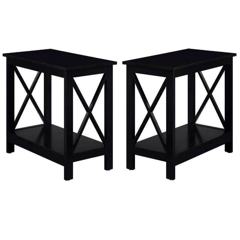 Home Square Chairside End Table with Shelf in Black Wood Finish - Set of 2