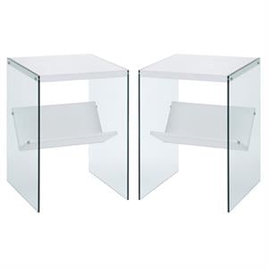 Home Square End Table in White Wood Finish and Clear Glass - Set of 2
