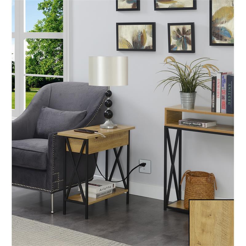 Home Square Top End Table with Charging Station in Light Oak - Set of 2