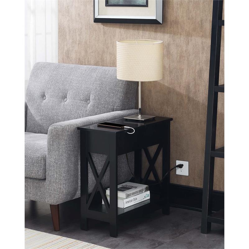 Home Square Top End Table with Charging Station in Black - Set of 2