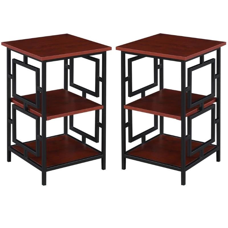 Home Square Black Metal Frame End Table in Cherry Wood Finish - Set of 2