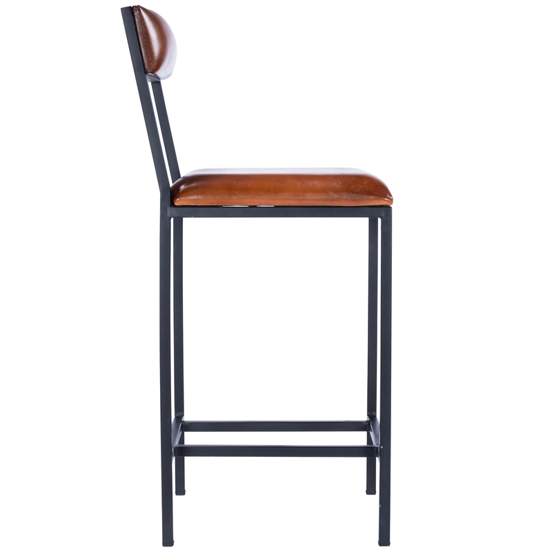 Home Square Leather & Metal Counter Stool in Brown - Set of 2