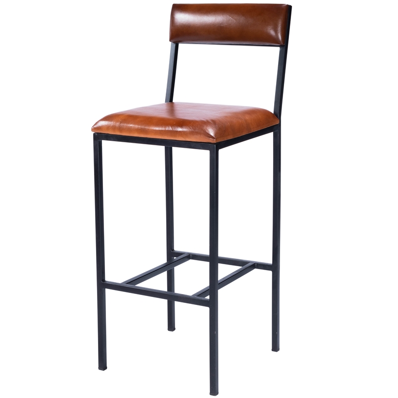Home Square Leather & Metal Bar Stool in Brown - Set of 2