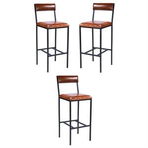 Home Square Leather & Metal Bar Stool in Brown - Set of 3
