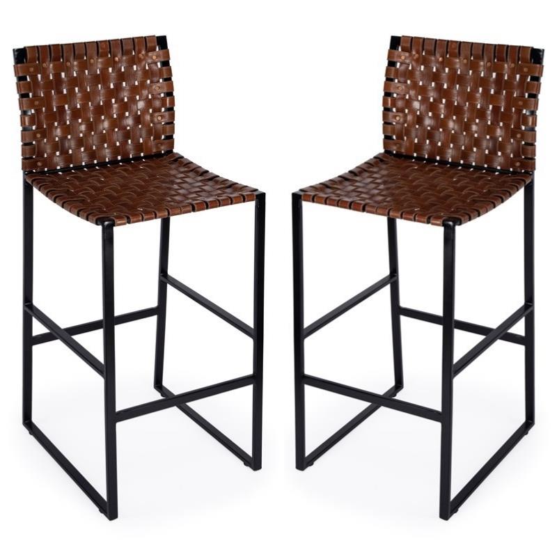 Home Square Urban Woven Leather Bar Stool in Brown - Set of 2