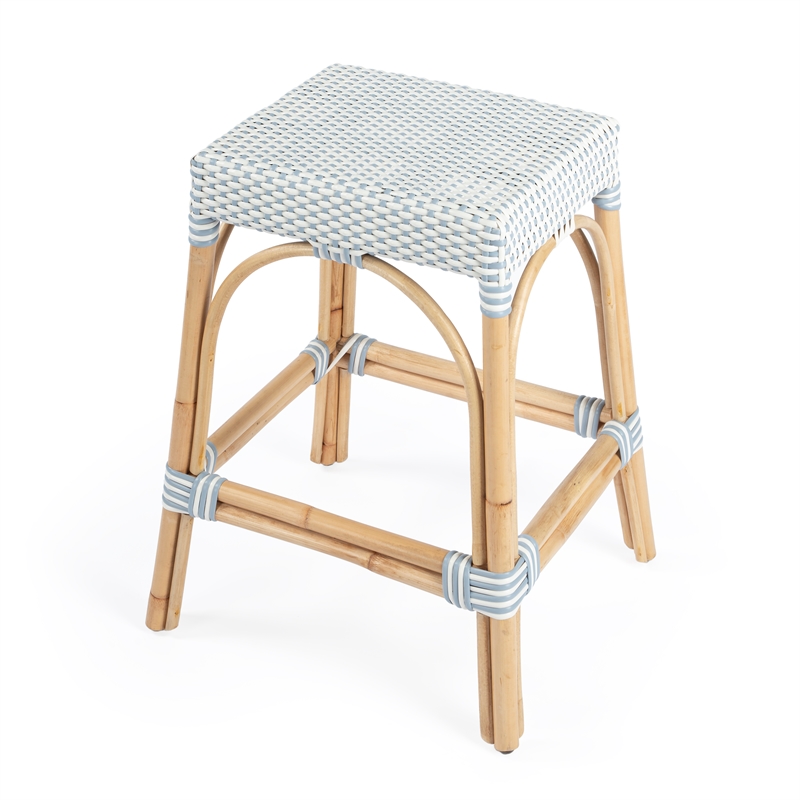 Home Square Twilight Blue & White Rattan Counter Stool - Set of 3