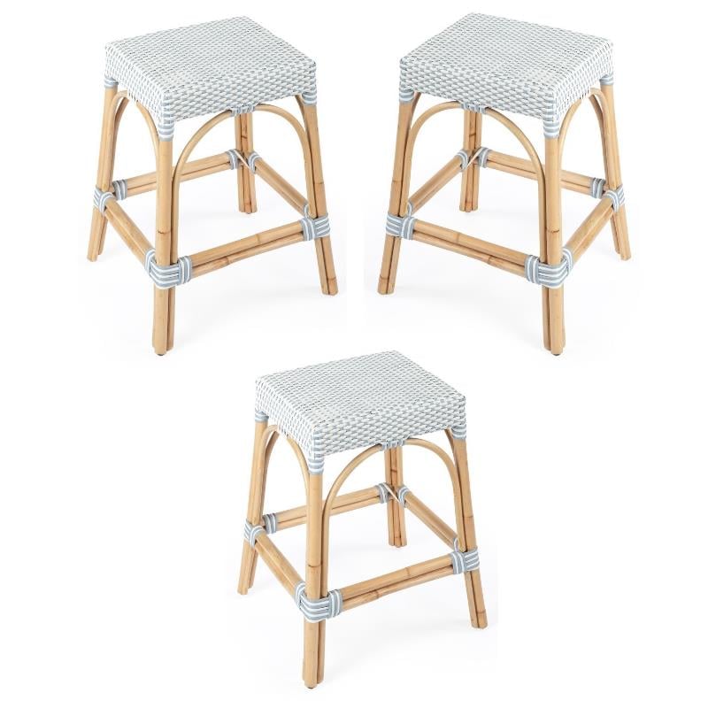 Home Square Twilight Blue & White Rattan Counter Stool - Set of 3