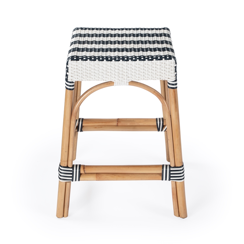 Home Square Navy & White Rattan Counter Stool - Set of 3