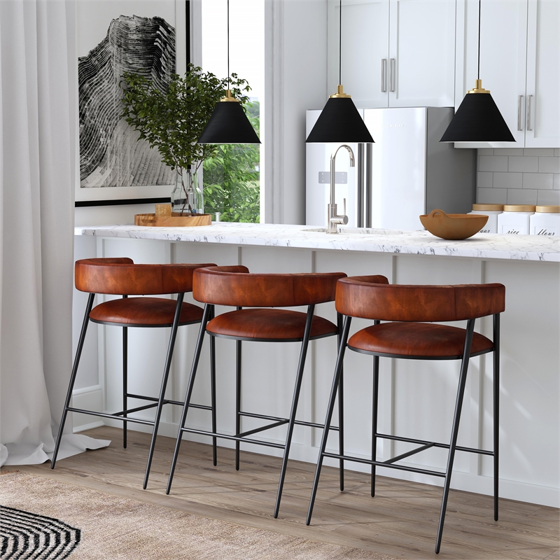 Home Square Leather and Iron Bar Stool in Brown - Set of 3