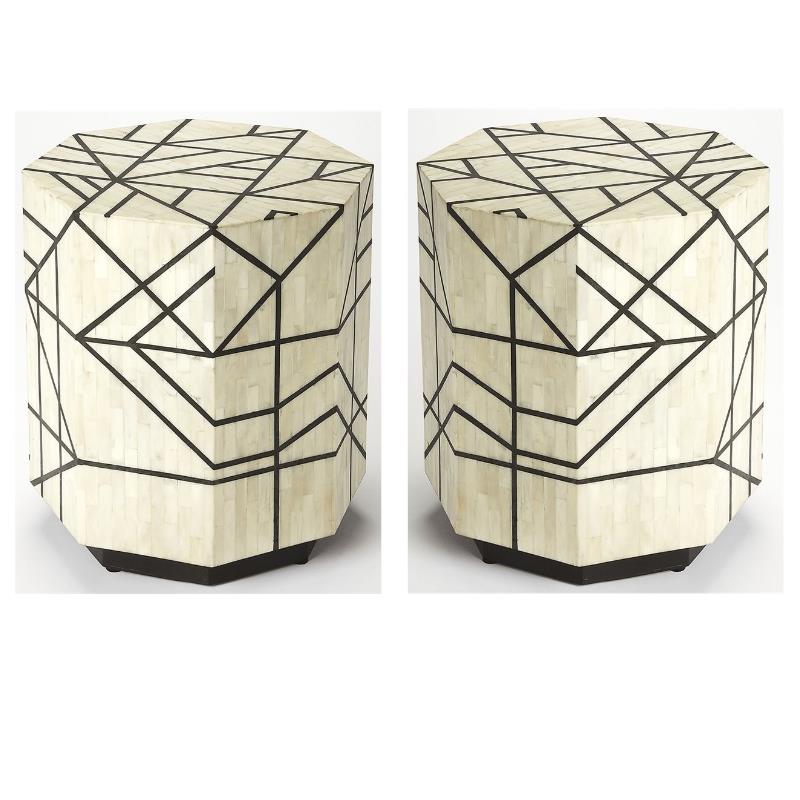 Home Square Accent End Table in Black & White Bone Inlay - Set of 2