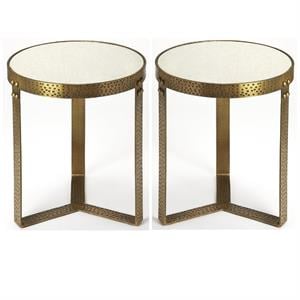 Home Square 18&quot Round Marble Top Accent End Table in White - Set of 2