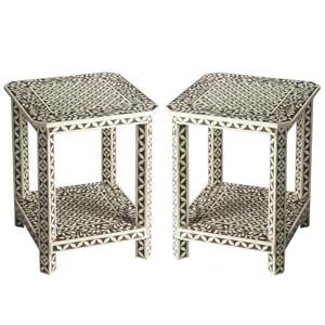 Home Square Bone Inlay Square End Table in Brown Bone Inlay - Set of 2