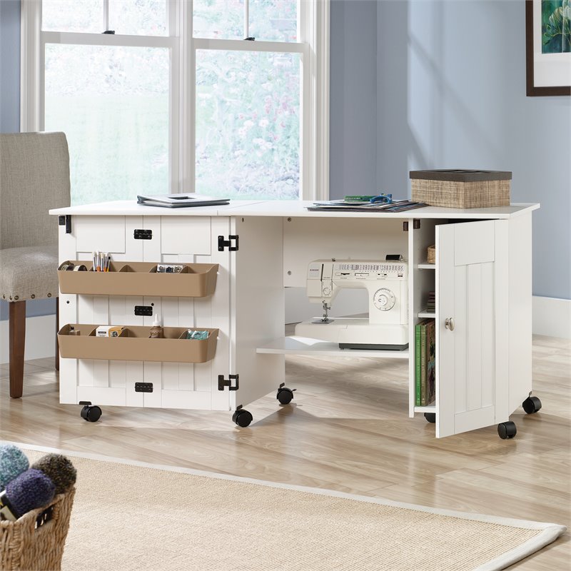 Home Square 2-Piece Set with Craft Table & 3-Shelf Bookcase in Soft White