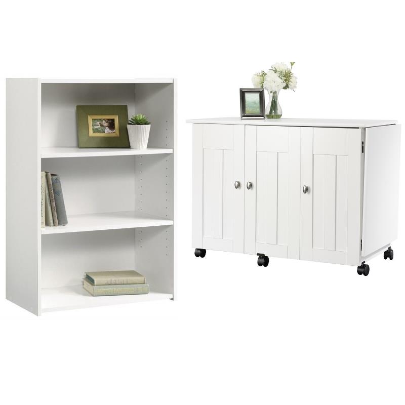 Home Square 2-Piece Set with Craft Table & 3-Shelf Bookcase in Soft White