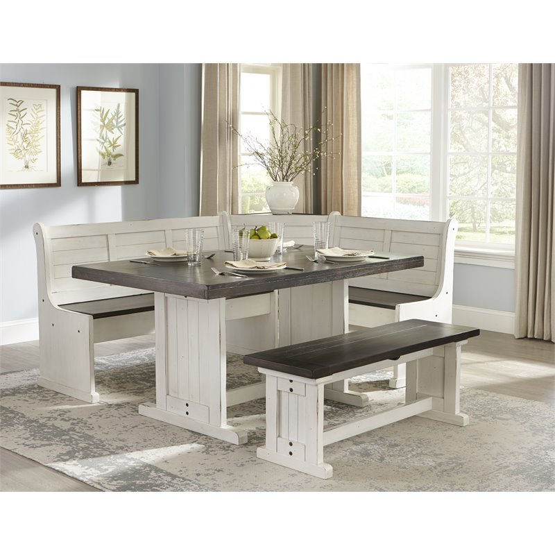 Home Square 3-Piece Set with 1 Table & 2 Benchs in Off White Dark Brown