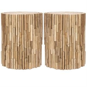 Home Square Teak 18&quotH Round Stool in Brown Finish- Set of 2