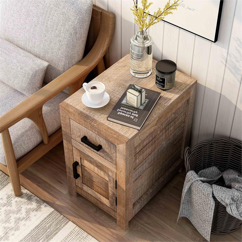 Home Square Rustic Solid Wood Storage Side Table in Natural Tone - Set of 2