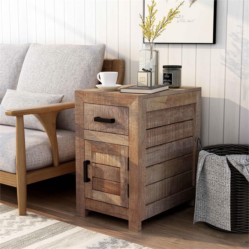 Home Square Rustic Solid Wood Storage Side Table in Natural Tone - Set of 2