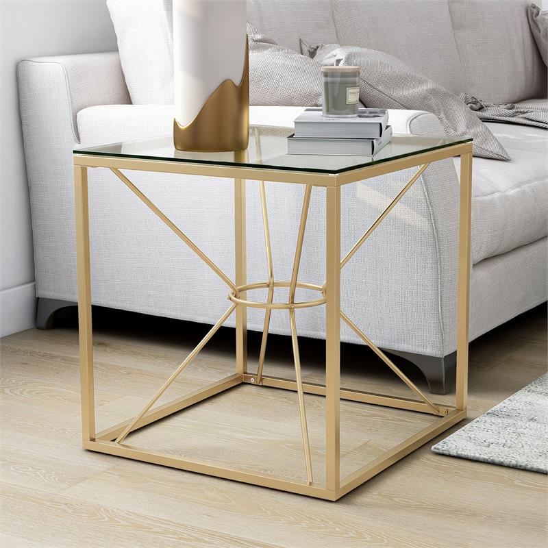 Home Square Cevelle Contemporary Glass Top End Table in Gold - Set of 2