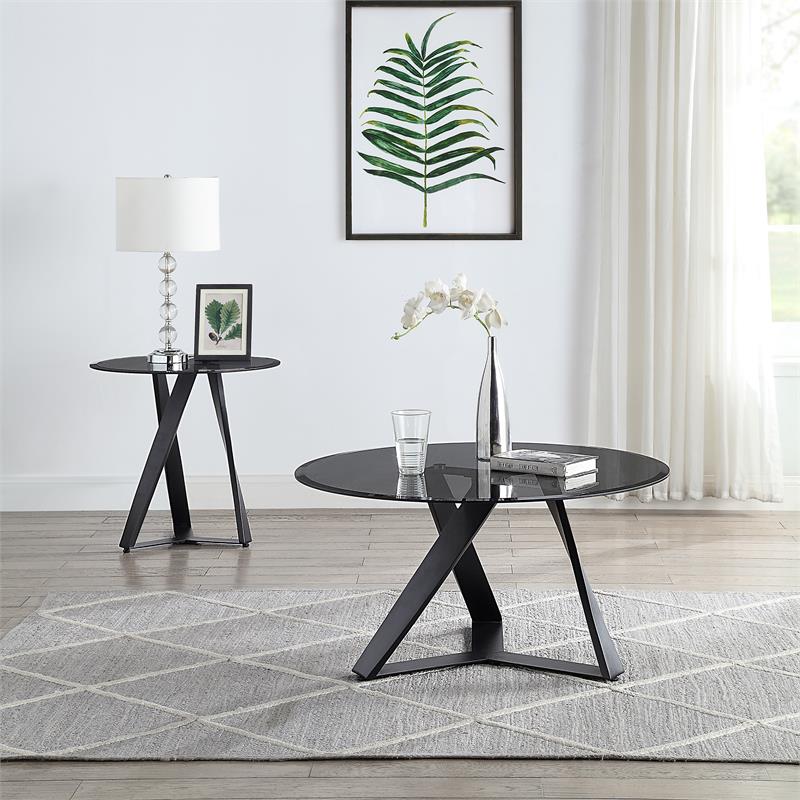 Home Square Hetra Contemporary Glass Top End Table in Black - Set of 2