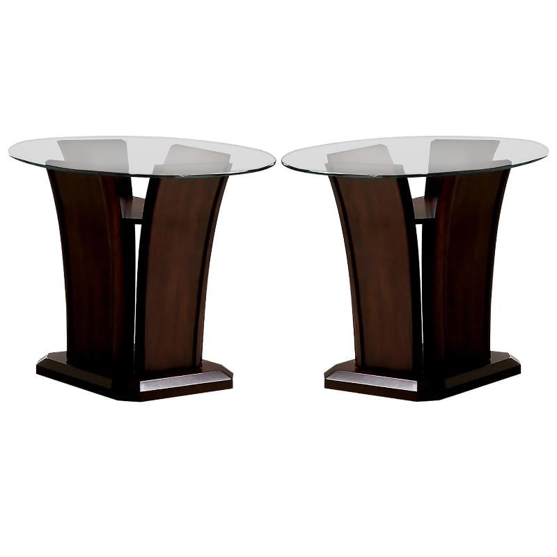 Home Square Lantler Round Glass Top End Table in Dark Cherry - Set of 2