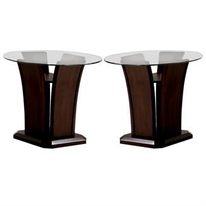 Home Square Lantler Round Glass Top End Table in Dark Cherry - Set of 2