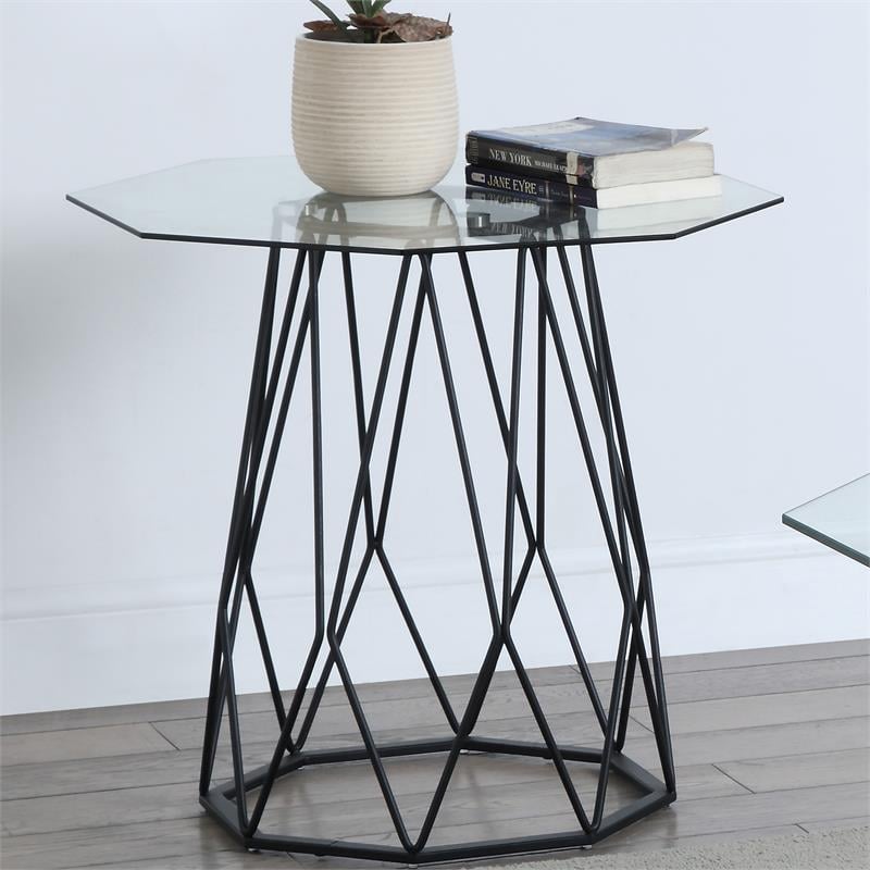 Home Square Growder Contemporary Glass Top End Table in Black - Set of 2