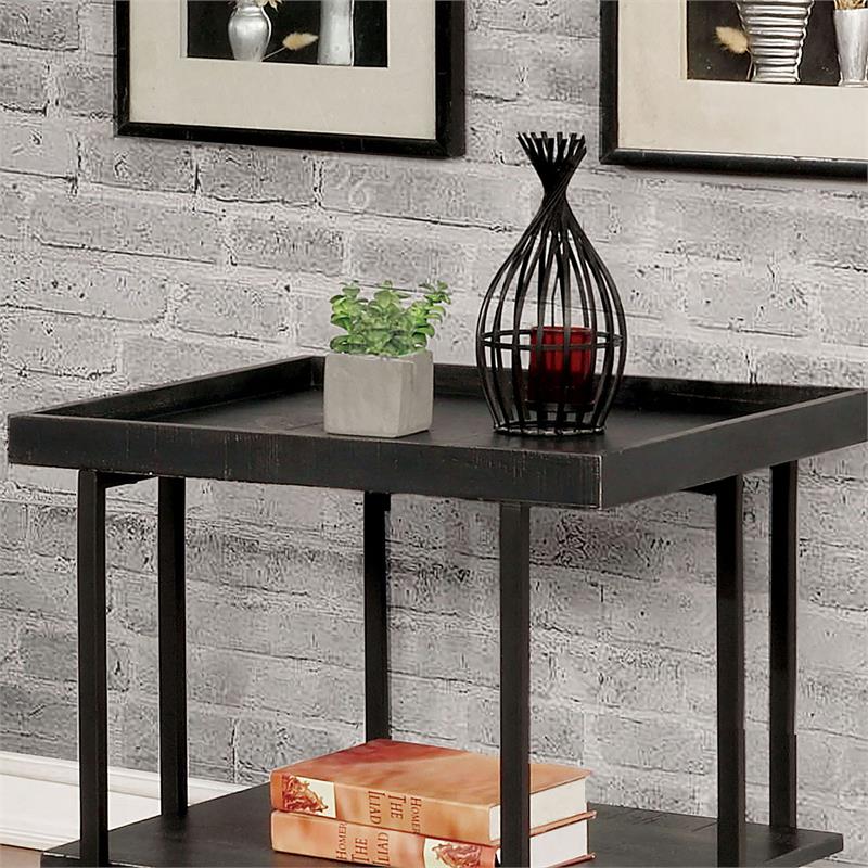 Home Square Prakers Industrial Wood 1-Shelf End Table in Black - Set of 2