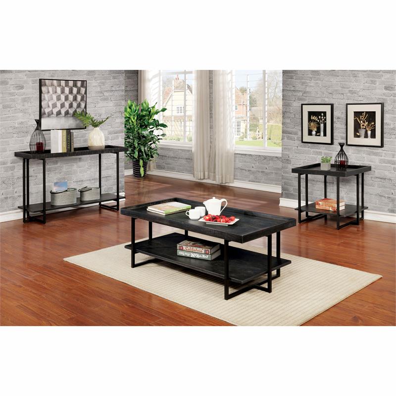 Home Square Prakers Industrial Wood 1-Shelf End Table in Black - Set of 2