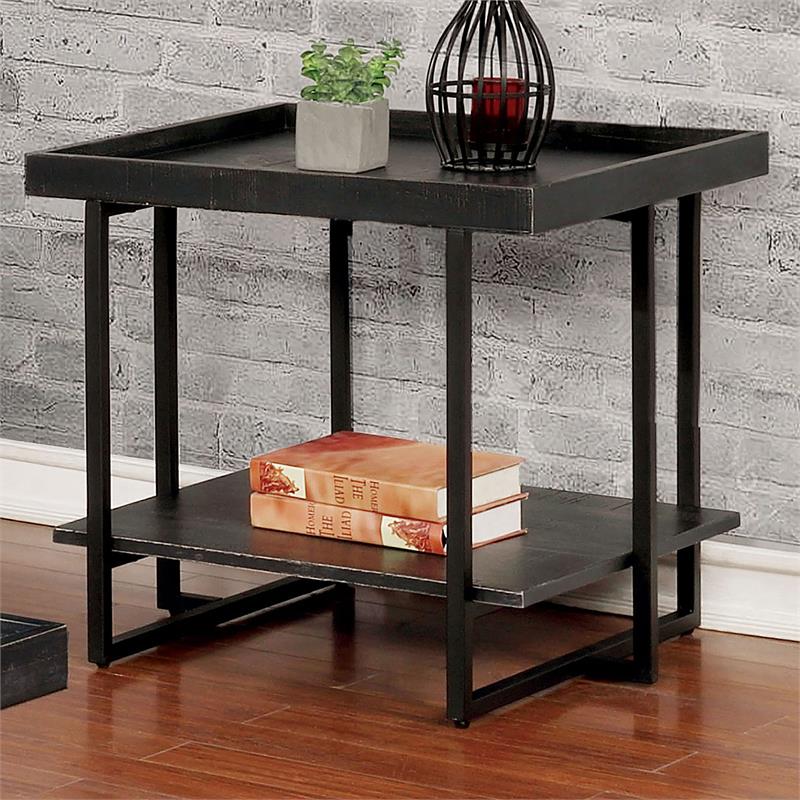 Home Square Prakers Industrial Wood 1-Shelf End Table in Black - Set of 2
