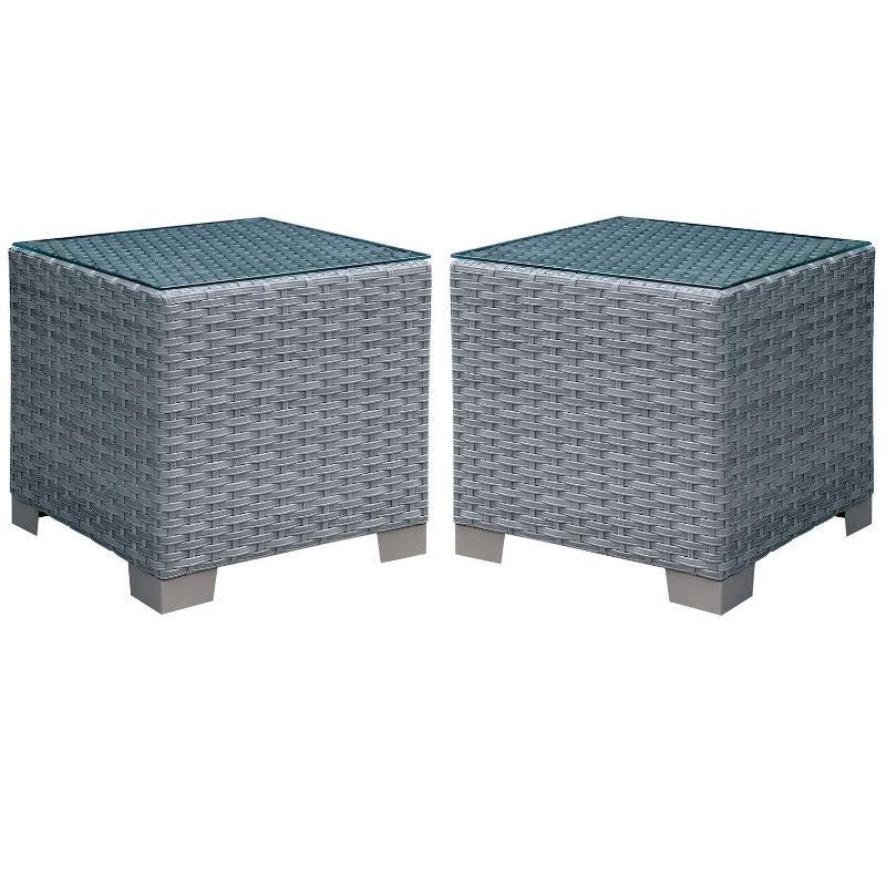 Home Square Condor Rattan Glass Top Patio End Table in Gray - Set of 2