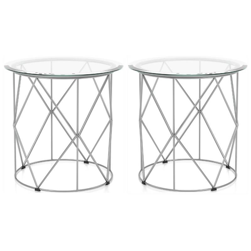 Home Square Fland Contemporary Glass Top End Table in Chrome - Set of 2