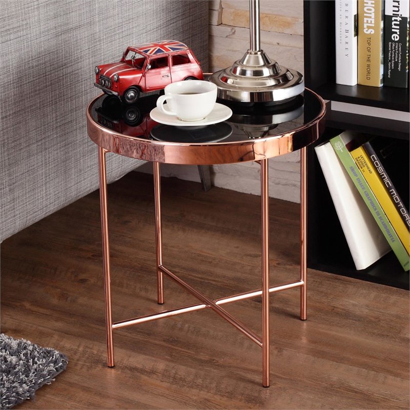 Home Square Vida Modern Glass Top End Table in Rose Gold - Set of 2