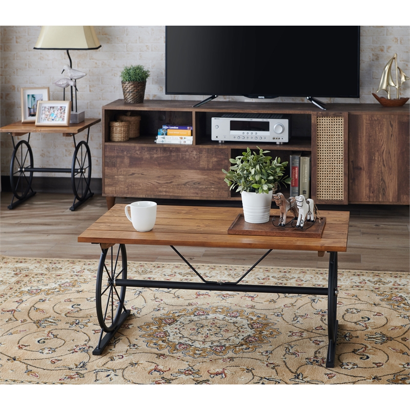 Home Square Davide Industrial Wood End Table in Warm Oak - Set of 2