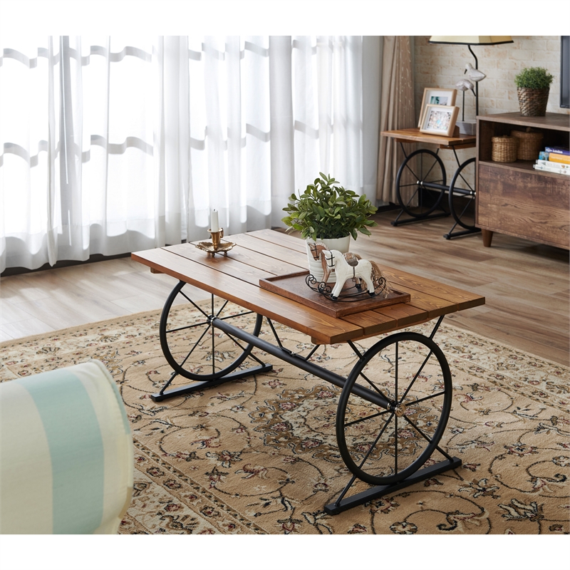Home Square Davide Industrial Wood End Table in Warm Oak - Set of 2