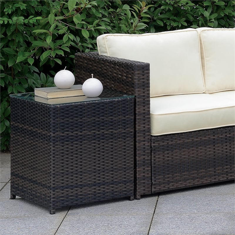 Home Square Daley Contemporary Glass Top Patio End Table in Brown - Set of 2