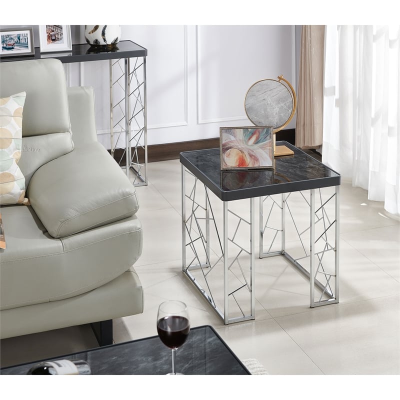 Home Square Stefano Contemporary Metal End Table in Black and Chrome - Set of 2