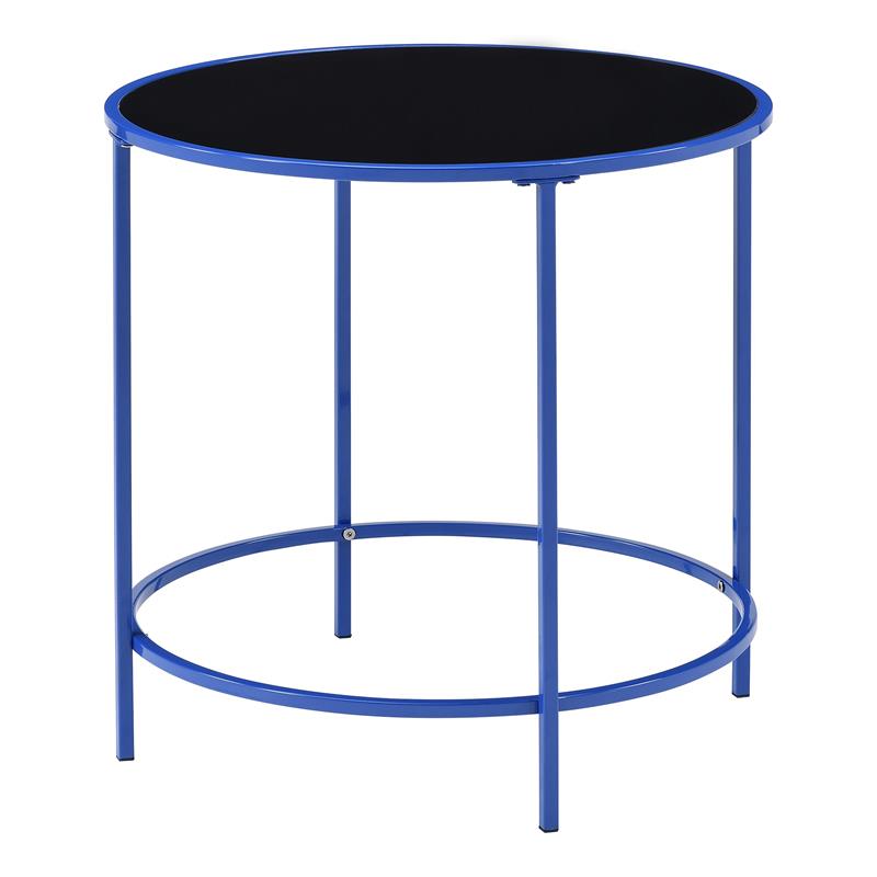 Home Square Keefer Contemporary Black Glass Top Side Table in Blue - Set of 2
