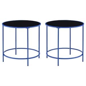 Home Square Keefer Contemporary Black Glass Top Side Table in Blue - Set of 2