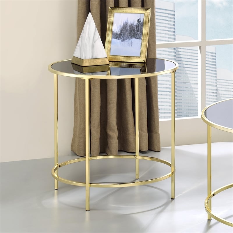 Home Square Contemporary Black Glass Top Side Table in Champagne - Set of 2