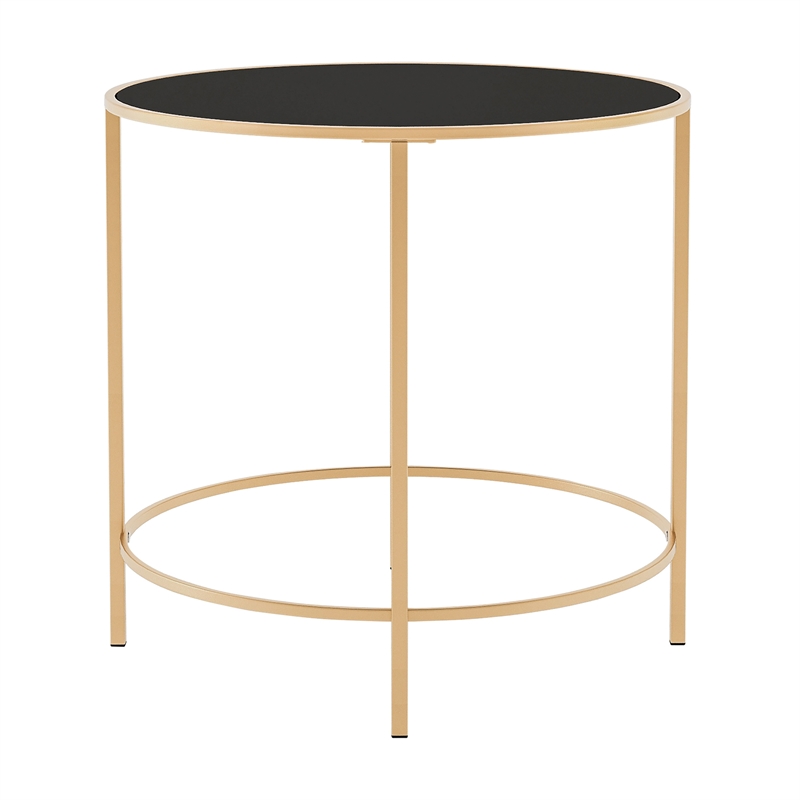 Home Square Contemporary Black Glass Top Side Table in Champagne - Set of 2