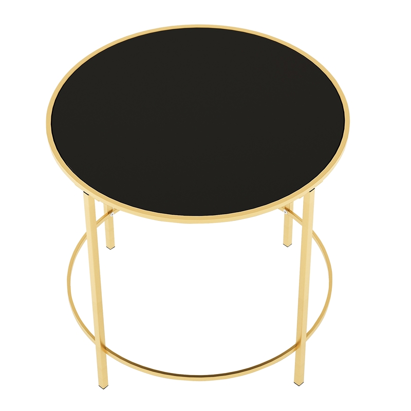 Home Square Contemporary Black Glass Top Side Table in Champagne - Set of 2