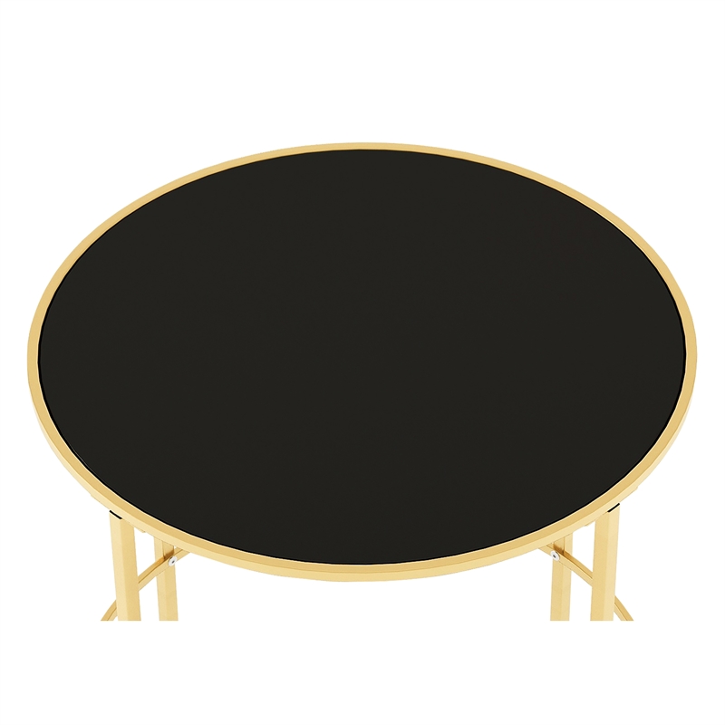 Home Square Contemporary Black Glass Top Side Table in Champagne - Set of 2
