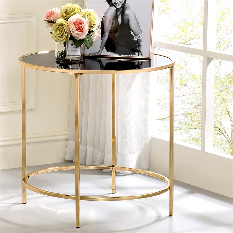 Home Square Contemporary Black Glass Top Side Table in Champagne - Set of 2