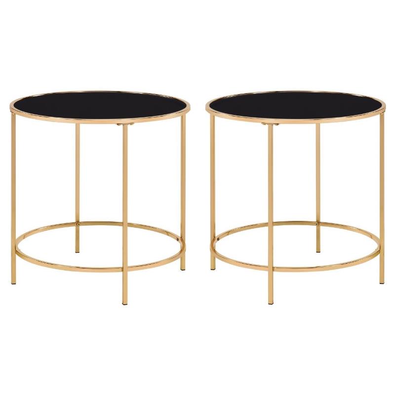 Home Square Contemporary Black Glass Top Side Table in Champagne - Set of 2