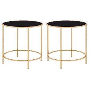 Home Square Contemporary Black Glass Top Side Table in Champagne - Set of 2