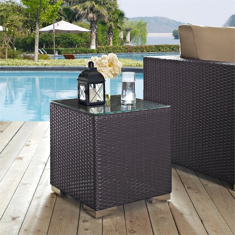 Home Square 2 Piece Aluminum/Rattan Square Patio End Table Set in Espresso