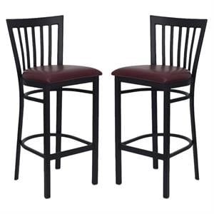 Home Square Hercules 29&quot Back Metal Bar Stool in Burgundy/Black - Set of 2