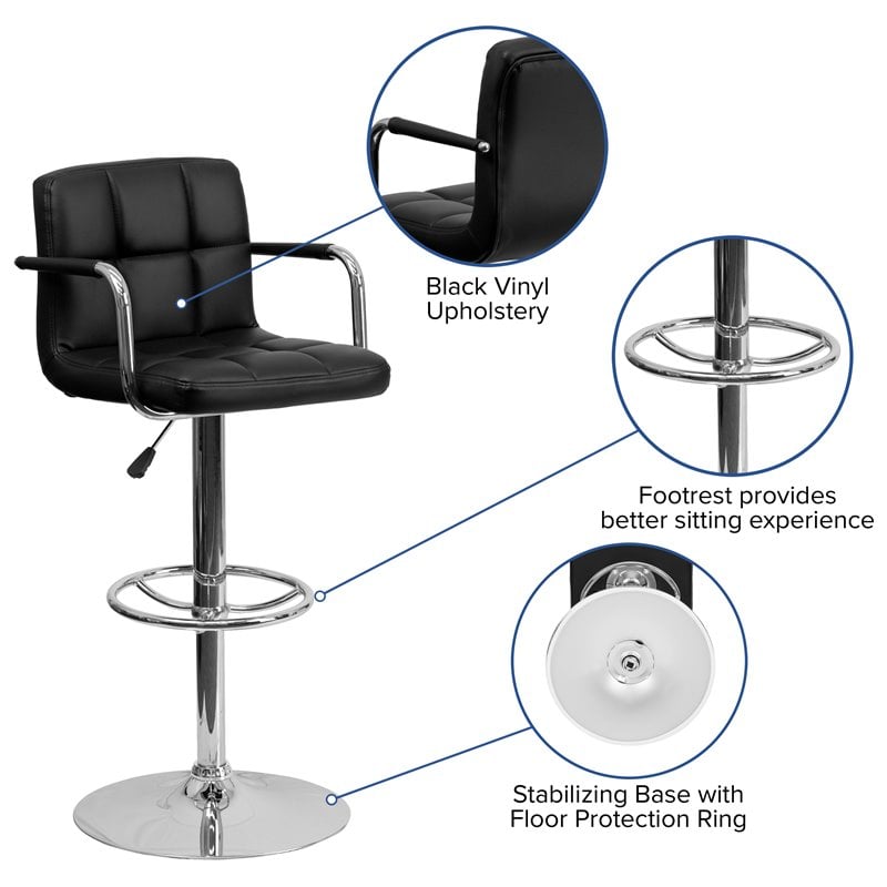 Home Square Quilted Adjustable Bar Stool with Arms in Black - Set of 2