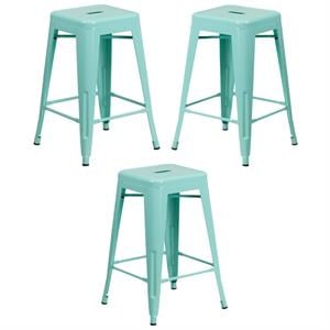 Home Square 24&quot Metal Backless Counter Stool in Mint Green - Set of 3